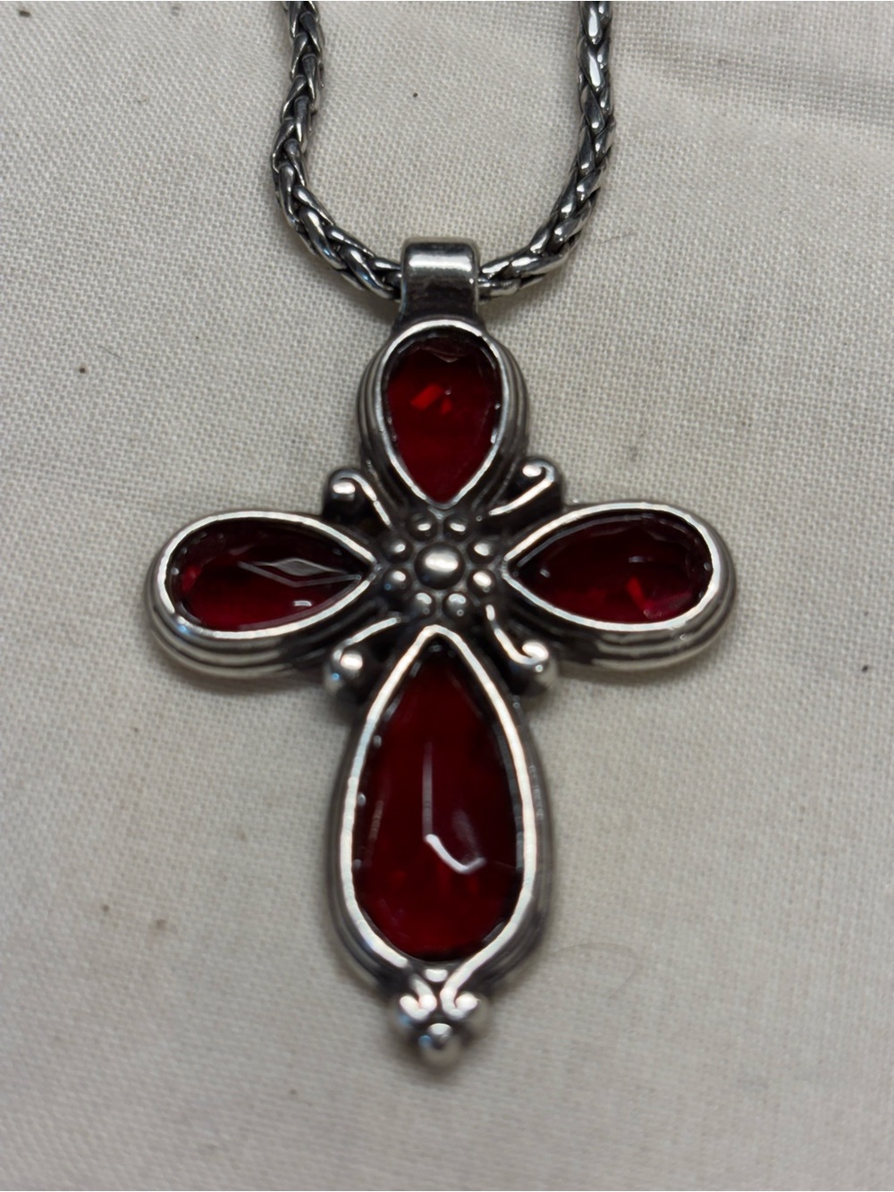 Brighton Silver-Tone Cross Necklace with Deep Red Stones